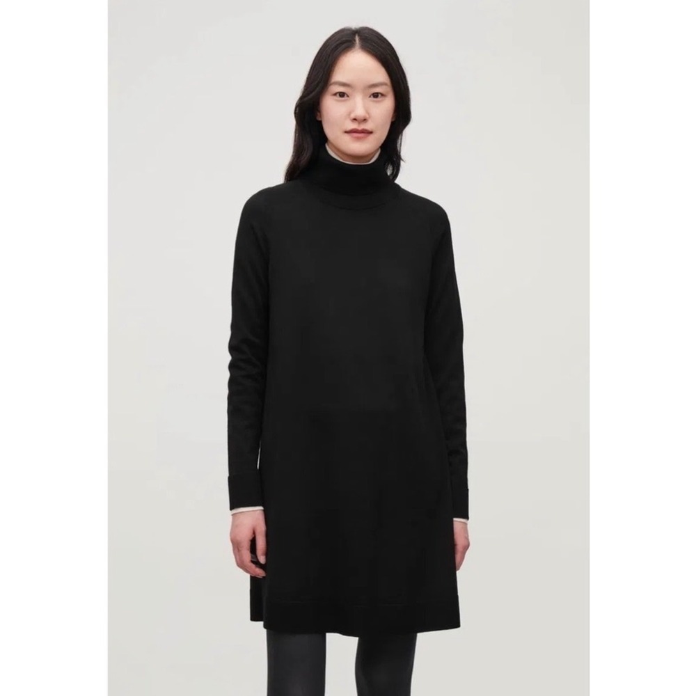 COS Cowl Neck Tunic Dress Womens Large Black Excellent Wool Cotton Long Sleeve
